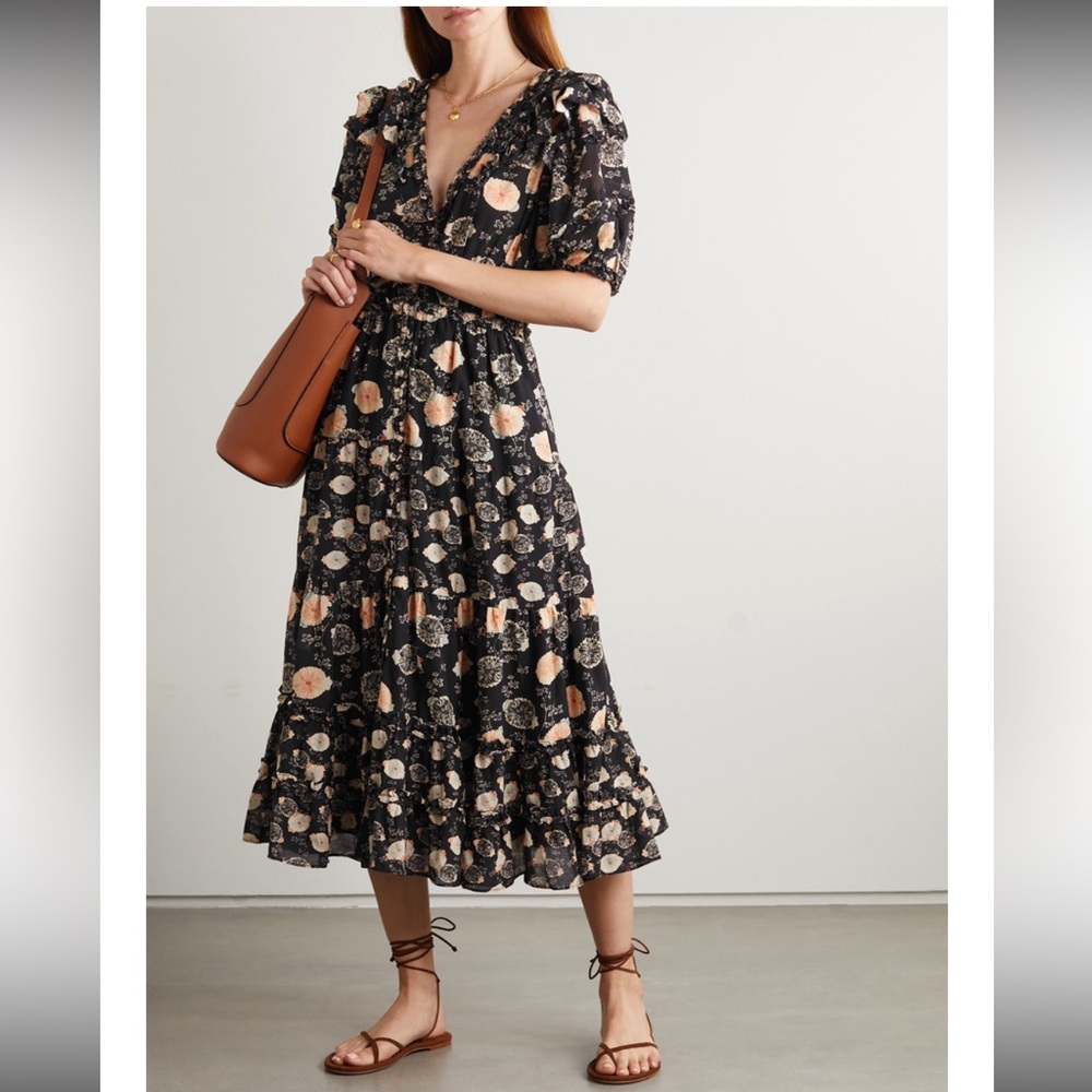 Ulla Johnson Women's Black Irvette Ruffled Floral-print Cotton-blend Midi Dress